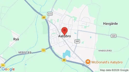 Butikslokaler til salg i Aabybro - kort over placeringen